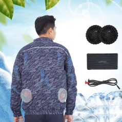 Áo điều hòa hai lớp cao cấp màu xanh loang có dải ghi phản quang AV11, Size M - Full bộ (áo + pin, quạt)