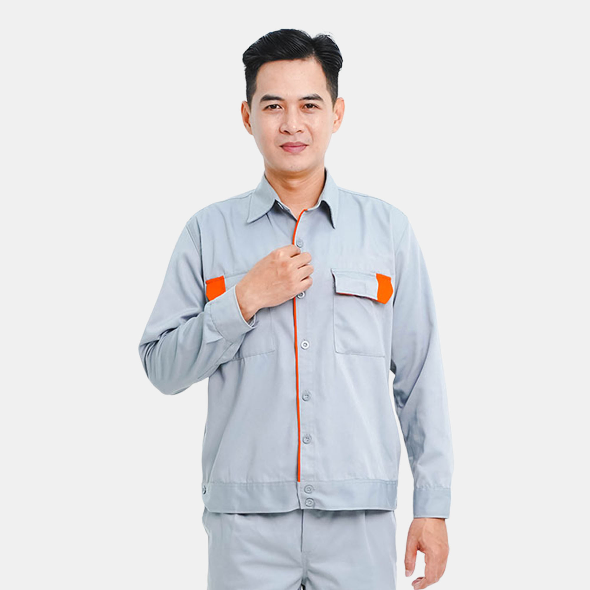 Đồng phục bảo hộ lao động Evinz AV27 cho kỹ sư, nhân viên kỹ thuật màu xám phối cam