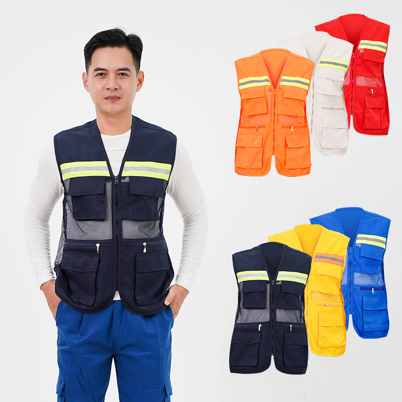 Áo gile kỹ sư phản quang 6 túi xuất khẩu chất liệu kaki phối lưới dày dặn AV39