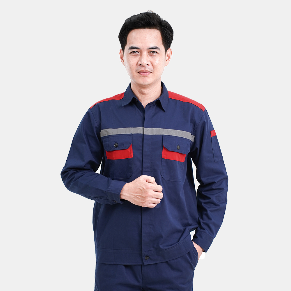 Quần áo bảo hộ lao động Evinz AV58 cho công nhân, kỹ sư màu xanh than phối đỏ