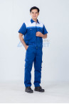 Quần áo bảo hộ lao động Evinz AV62 ngắn tay phối màu xanh chuyên nghiệp cho kỹ sư, công nhân kỹ thuật, Size L - Vải kaki liên doanh