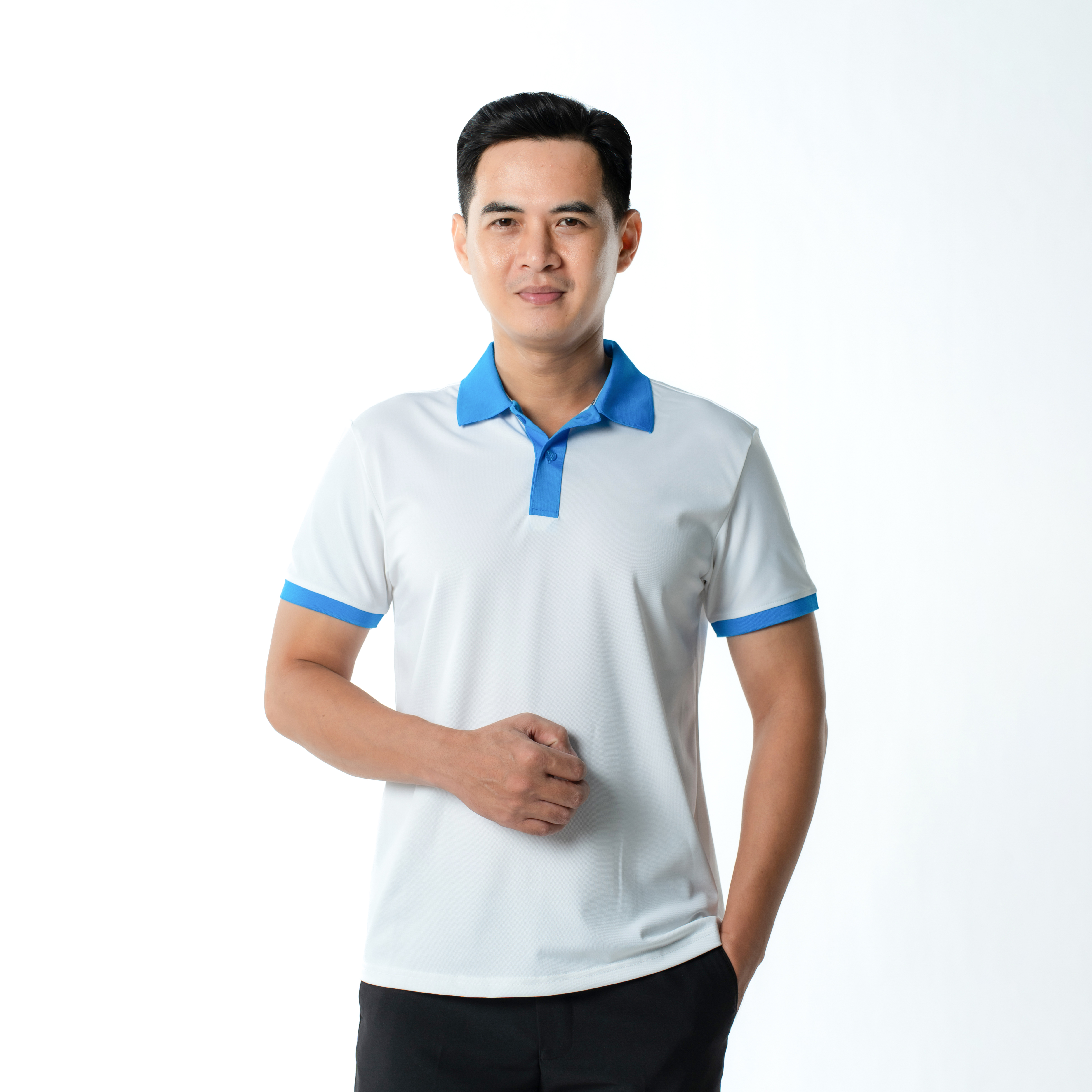 Áo polo đồng phục cổ đức phối màu xanh P22 bền màu, co giãn tốt