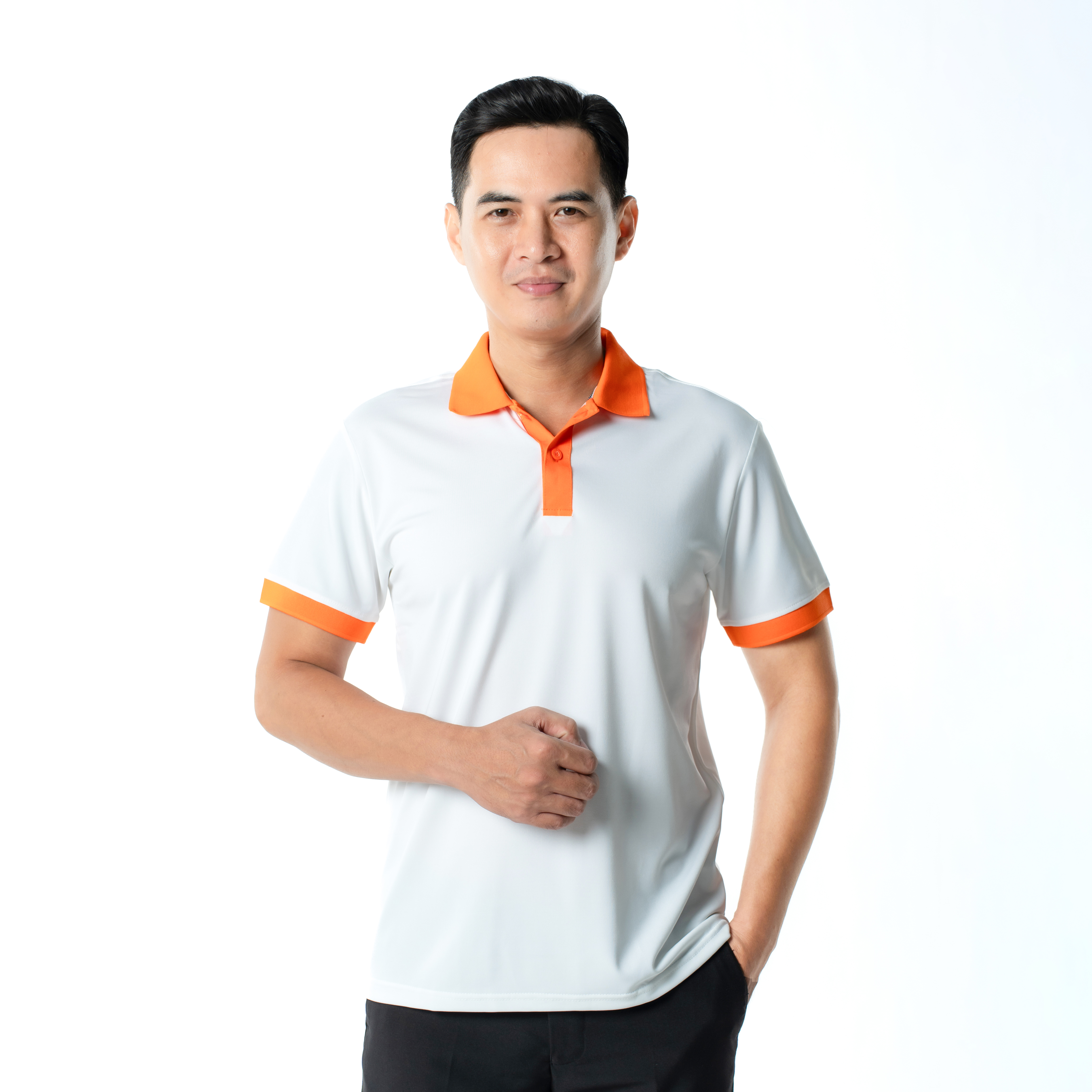 Áo polo đồng phục màu trắng phối cam nổi bật P23