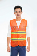 Áo gile phản quang vải lưới thoáng mát, thun hai bên giá rẻ AV65, Màu cam phản quang sọc