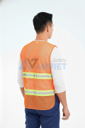 Áo gile phản quang vải lưới thoáng mát, thun hai bên giá rẻ AV65, Màu cam phản quang sọc