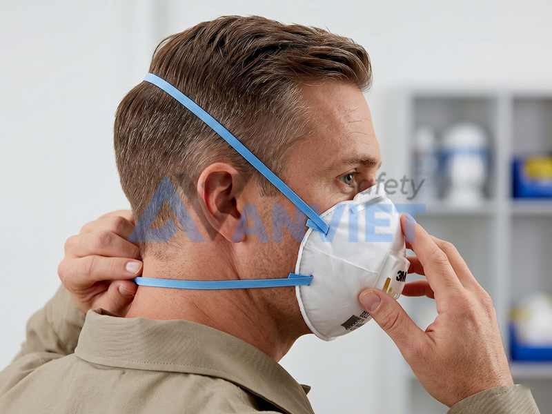 Thao tác cố định khẩu trang lên khuôn mặt.