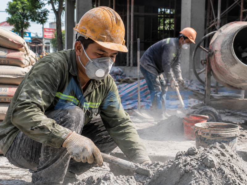 Khẩu trang chống bụi xi măng cho môi trường thi công.