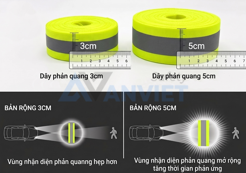 So sánh dây phản quang 3cm và 5cm khác nhau thế nào.