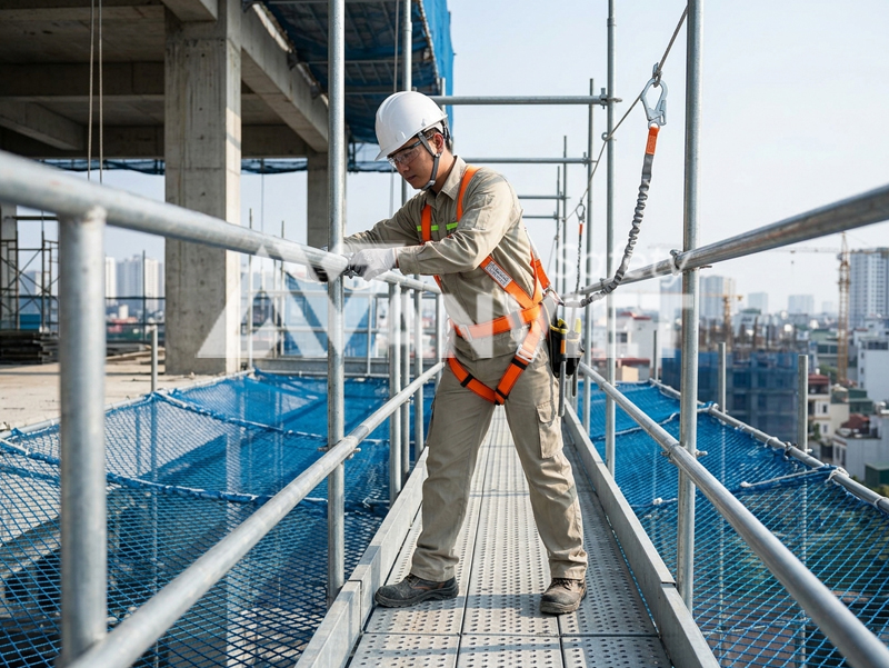 Trang bị thiết bị bảo hộ lao động bắt buộc khi làm việc trên cao.