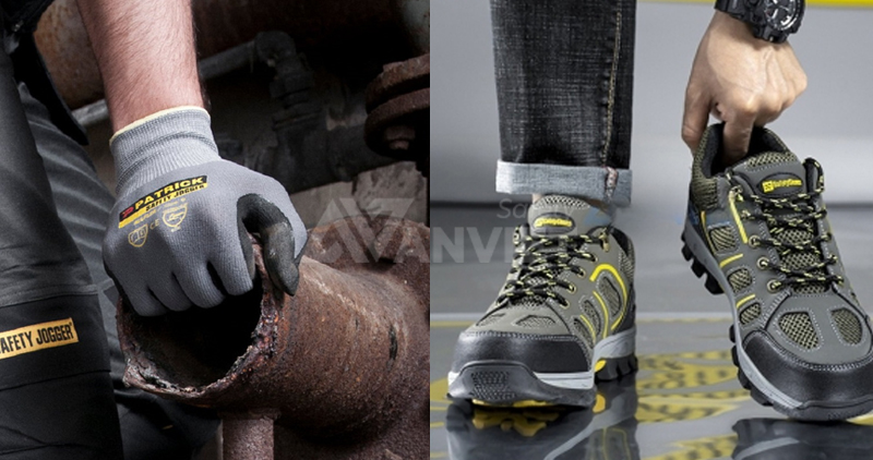 Găng tay bảo hộ và giày bảo hộ lao động.