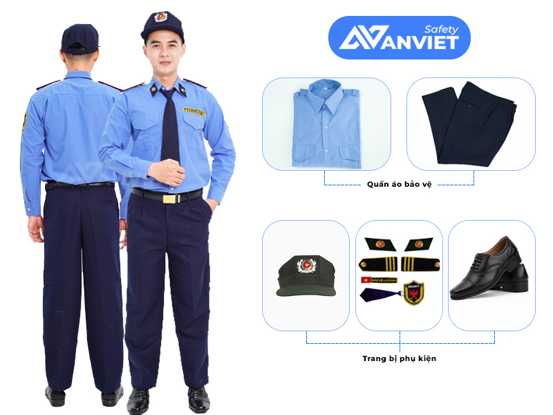 Đồng phục bảo vệ tại An Việt đầy đủ phụ kiện.