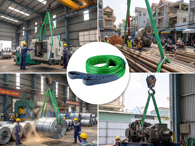 Dây cáp vải cẩu hàng 2 tấn Helios C150 ứng dụng trong đa dạng lĩnh vực.
