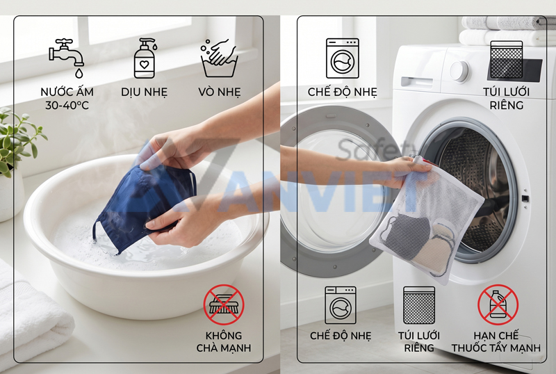 Giặt khẩu trang vải bảo hộ đúng cách.