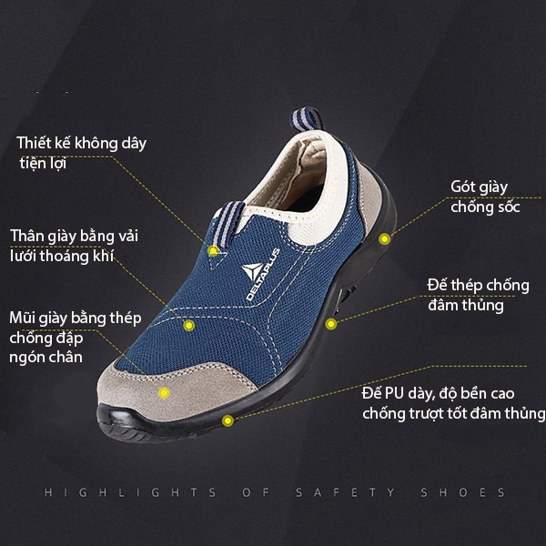 Giày có khả năng: chống thấm nước, chống trơn trượt, chống dầu hóa, chống tĩnh điện, chống dập ngón, chống sốc