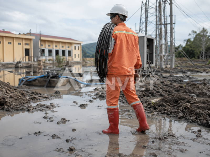 Trang bị ủng cách điện cho công nhân thi công lưới điện tại địa hình sình lầy, trạm bơm, thủy điện.