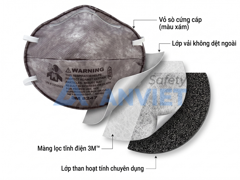 Khẩu trang 3M 8247 với cấu tạo nhiều lớp, thiết kế kín khít khuôn mặt.