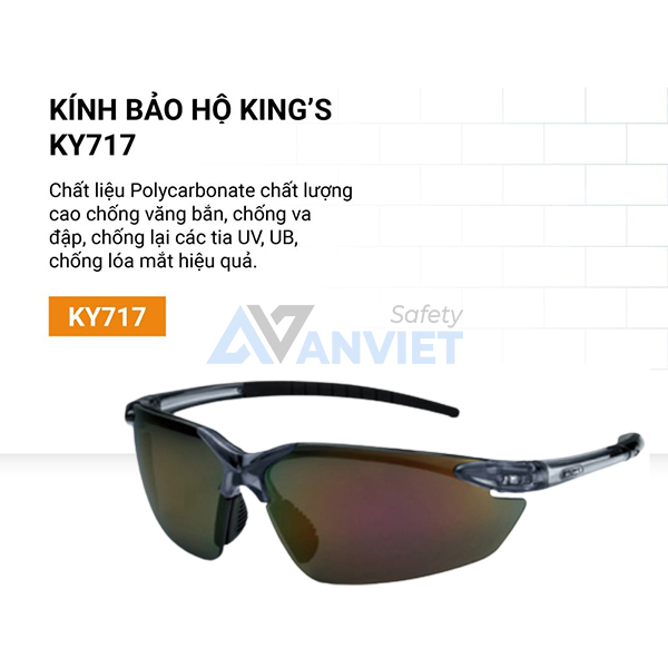 Kính bảo hộ Kings KY717 được làm từ chất liệu Polycarbonate giúp chống va đập và chống vỡ vụn, chống tia UV