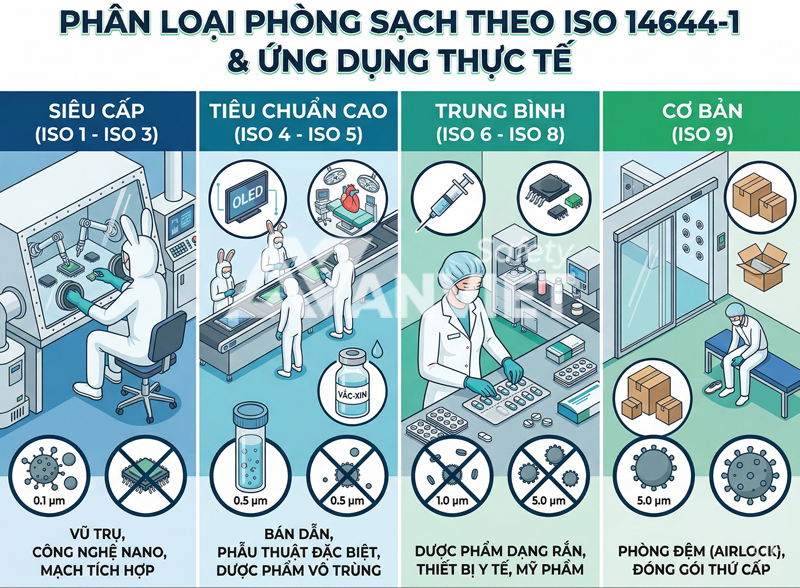 Bảng phân loại các cấp độ phòng sạch theo tiêu chuẩn ISO.