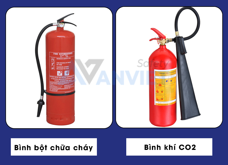 Phân biệt bình chữa cháy bột và khí CO2.