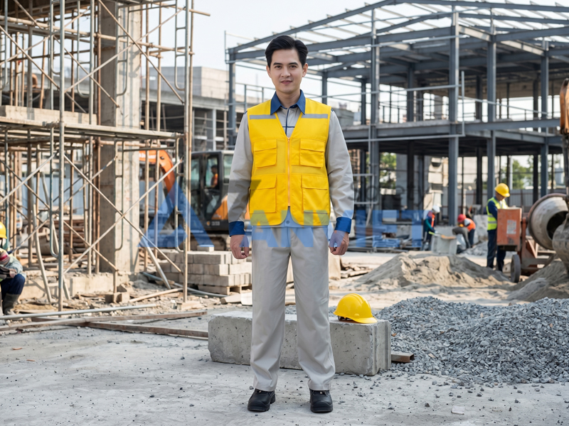 Quần áo bảo hộ và áo phản quang cho kỹ sư an toàn xây dựng.