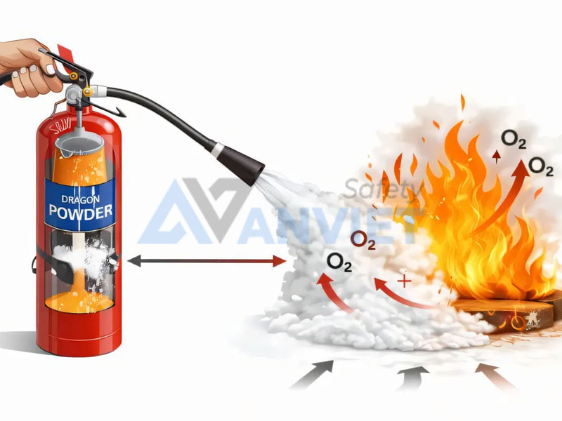Bình chữa cháy MT5 làm giảm nồng độ oxy và hỗ trợ làm lạnh vùng cháy.