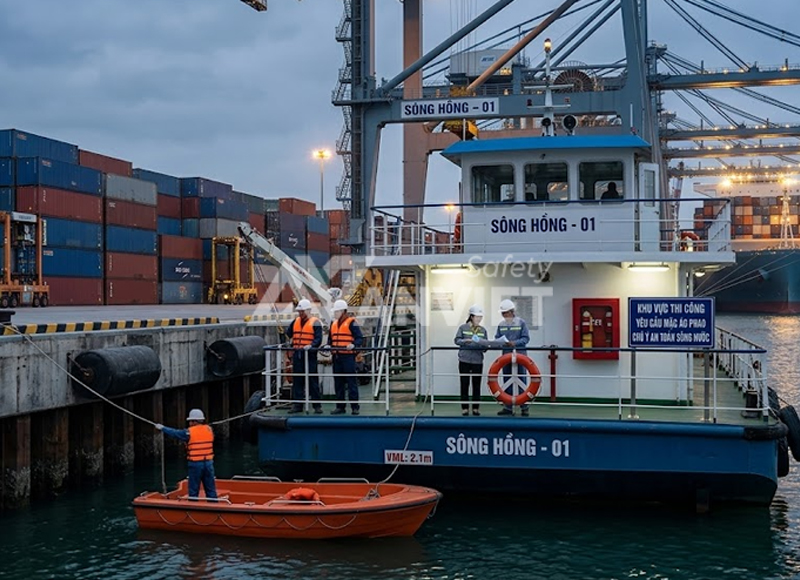 Làm việc nhóm đúng theo quy định làm việc an toàn trên sông nước.