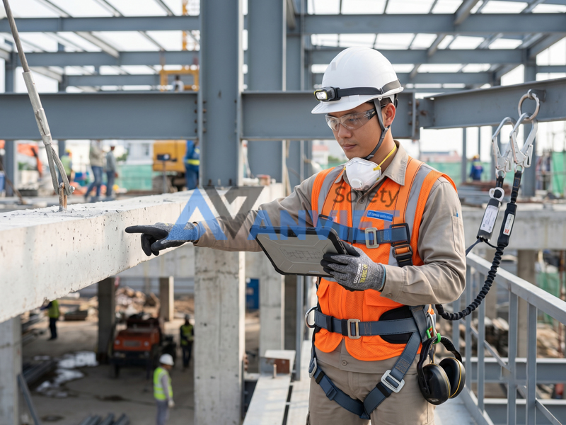 Trang bị bảo hộ cho kỹ sư an toàn xây dựng làm việc tại công trường.