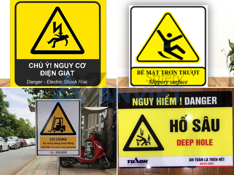 Nhóm biển cảnh báo nguy hiểm tại công trường đang thi công.