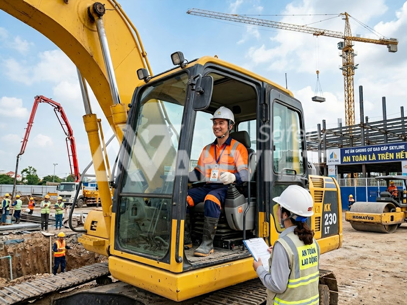 Nhóm lao động vận hành máy móc, thiết bị thi công.